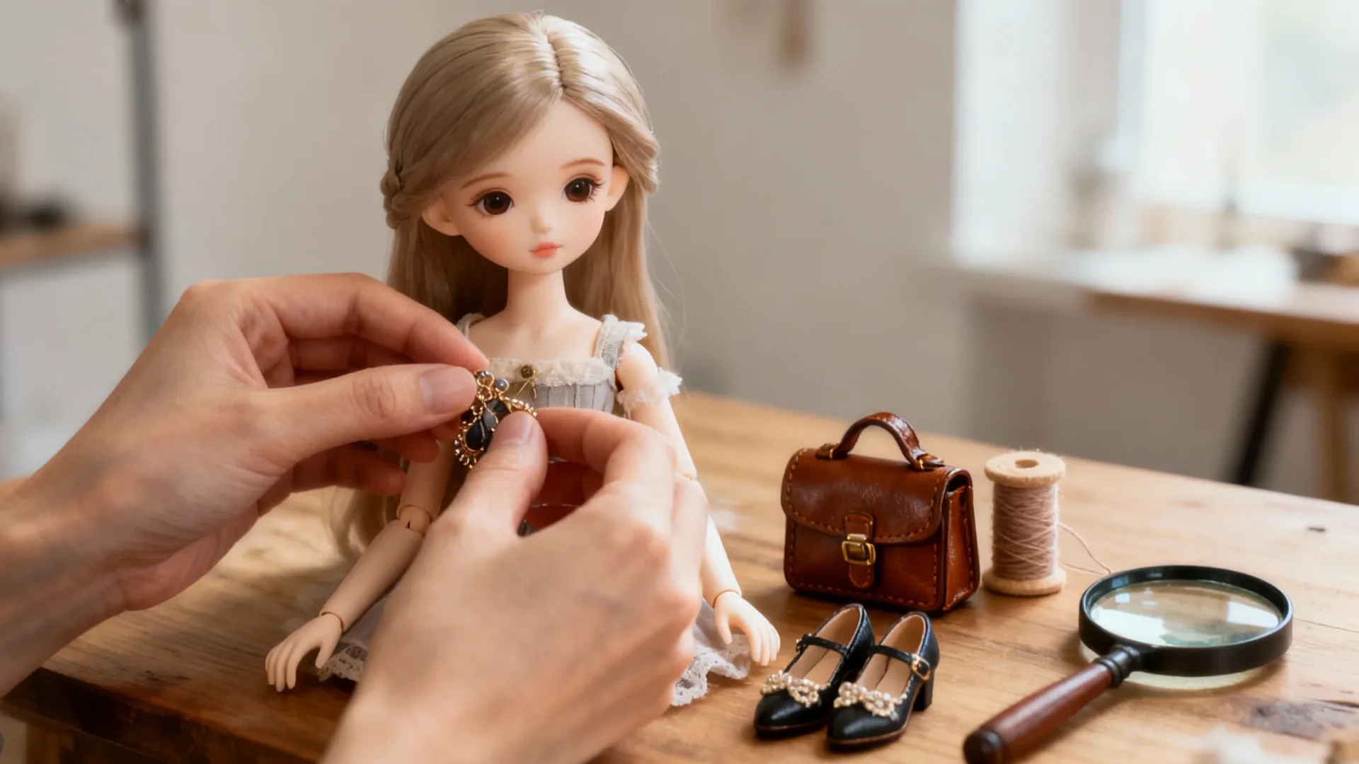 An artist's hands curating miniature accessories for a Ball-Jointed Doll