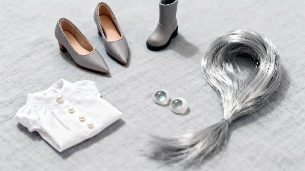 Flat lay of essential BJD accessories: shoes, clothing, wigs, and eyes