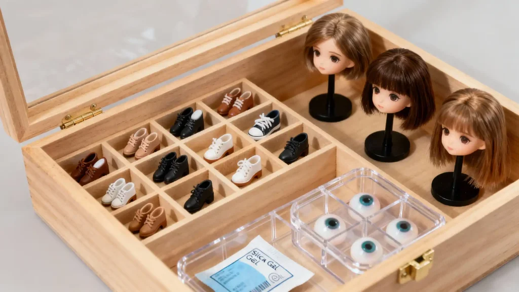 Well-organized storage for BJD doll shoes, wigs, and eyes