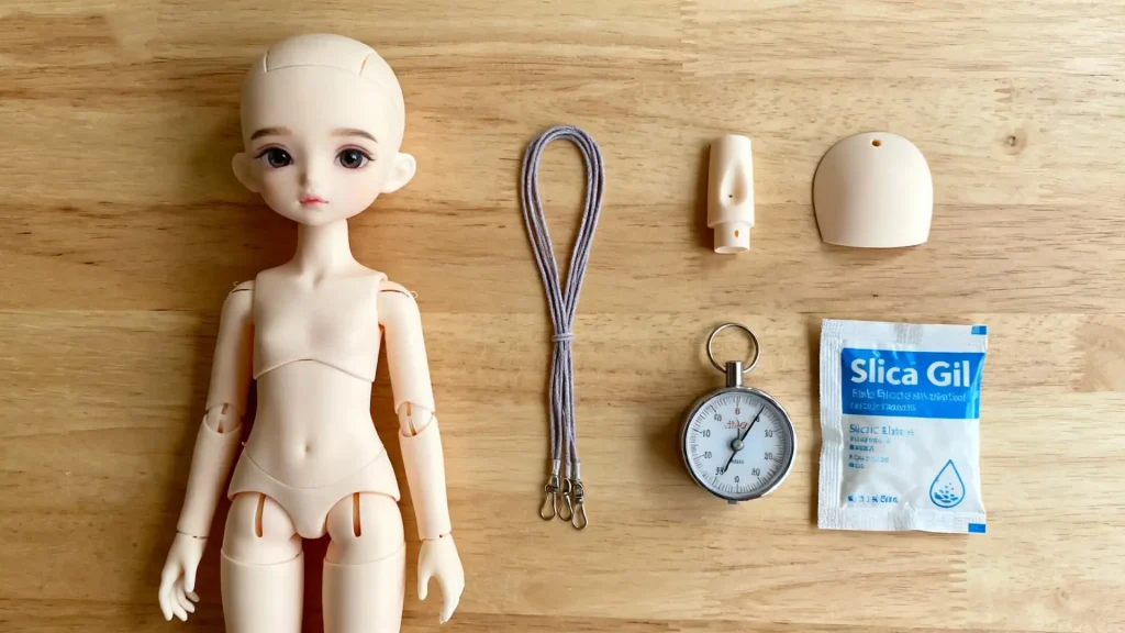 Unstrung BJD doll parts arranged for annual inspection and maintenance