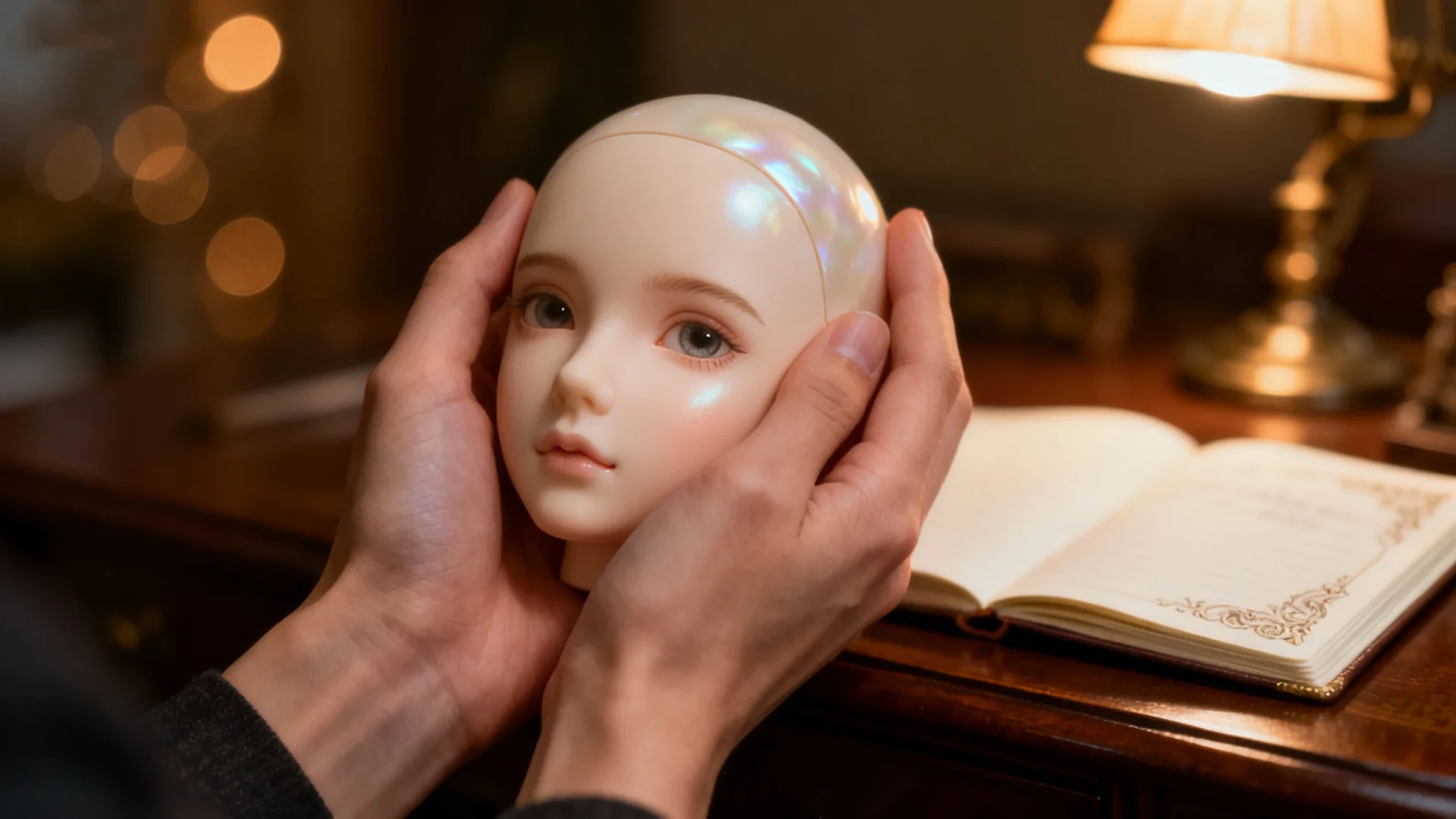 Hands gently holding a BJD doll face, symbolizing guardian care and maintenance