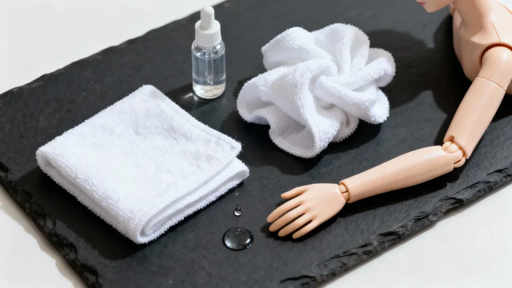 Flat lay of BJD doll arm with microfiber cloths and water for gentle cleaning