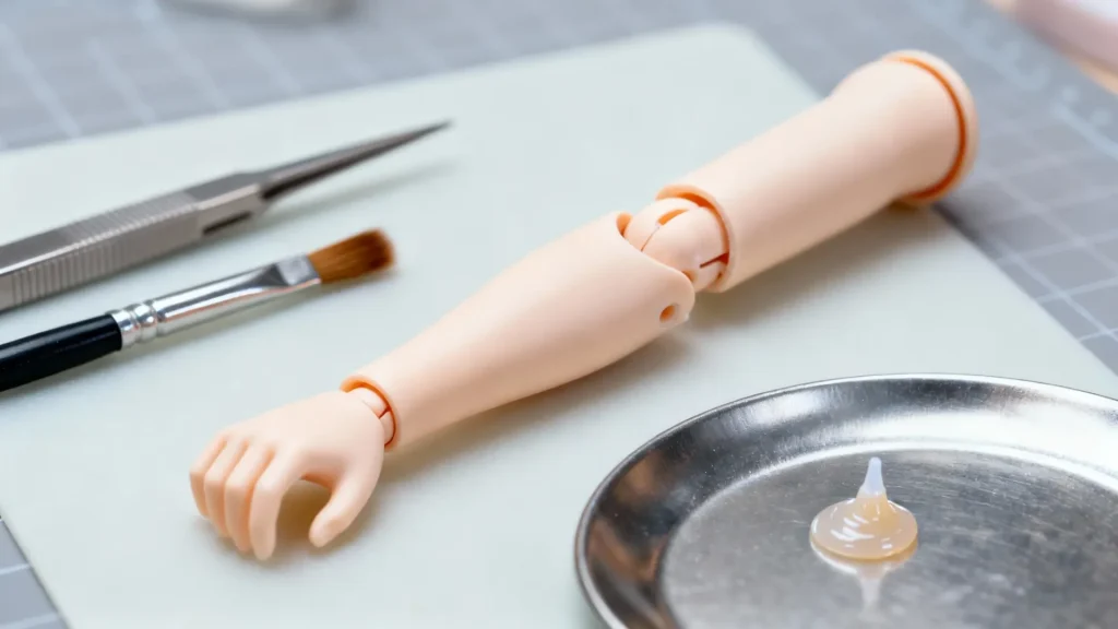 Macro shot of BJD doll joint and tools for repair and maintenance