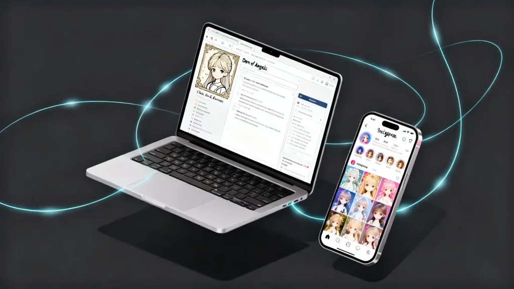 Laptop and phone showing BJD forums and social media groups