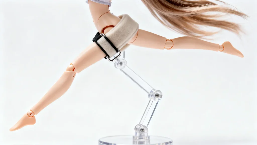 A BJD posing stand securely holding a doll in a dynamic leap