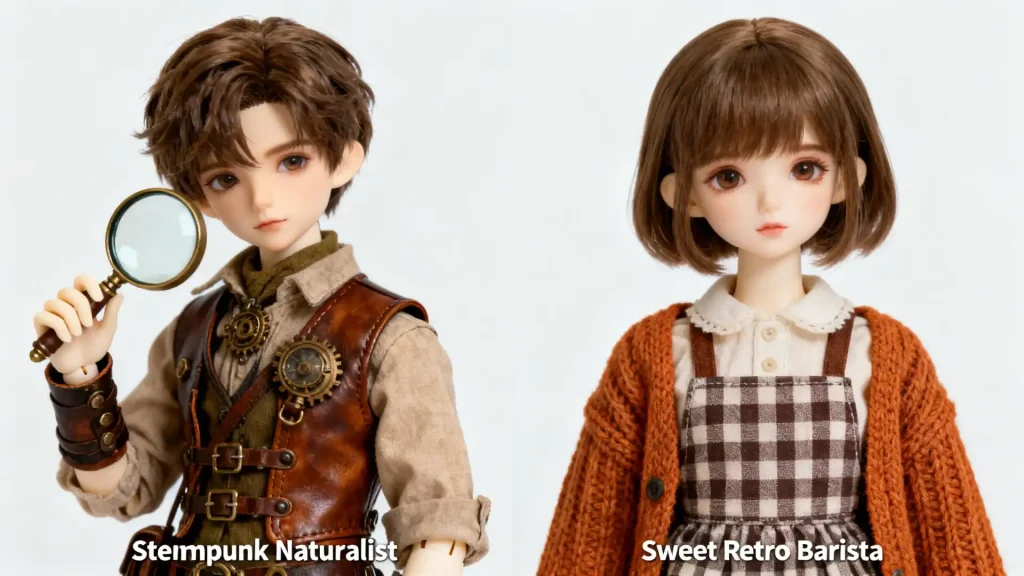 Split view of a BJD doll in Steampunk vs Sweet Retro themes