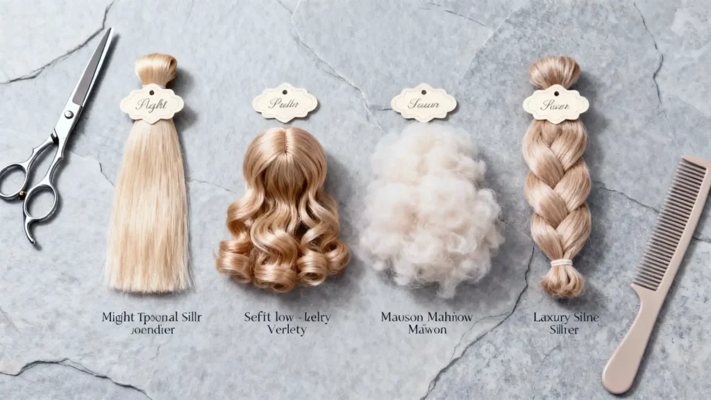 Flat-lay of four BJD wig fiber types: heat-resistant, kanekalon, mohair, silk
