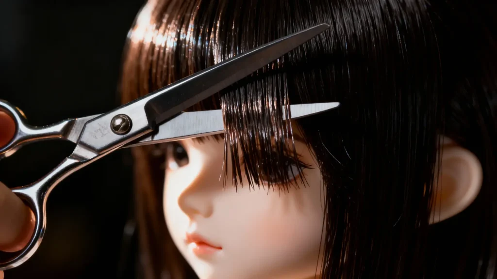 Professional shears point-cutting the bangs of a BJD wig