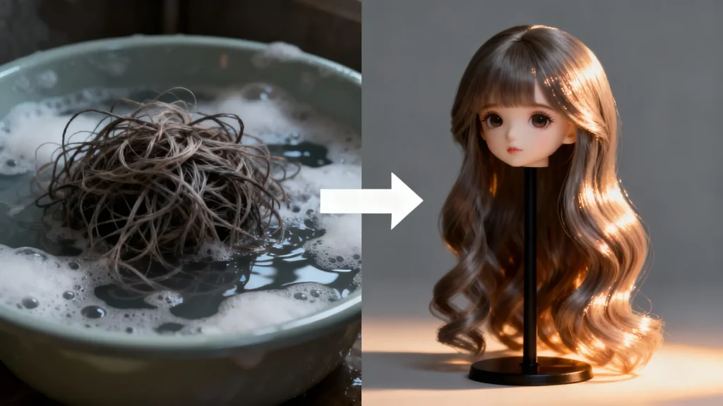 Transformation of a tangled BJD wig after restoration process