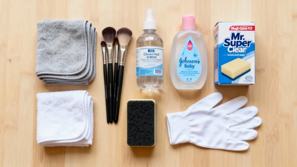 Essential BJD cleaning and maintenance supplies laid out flat.