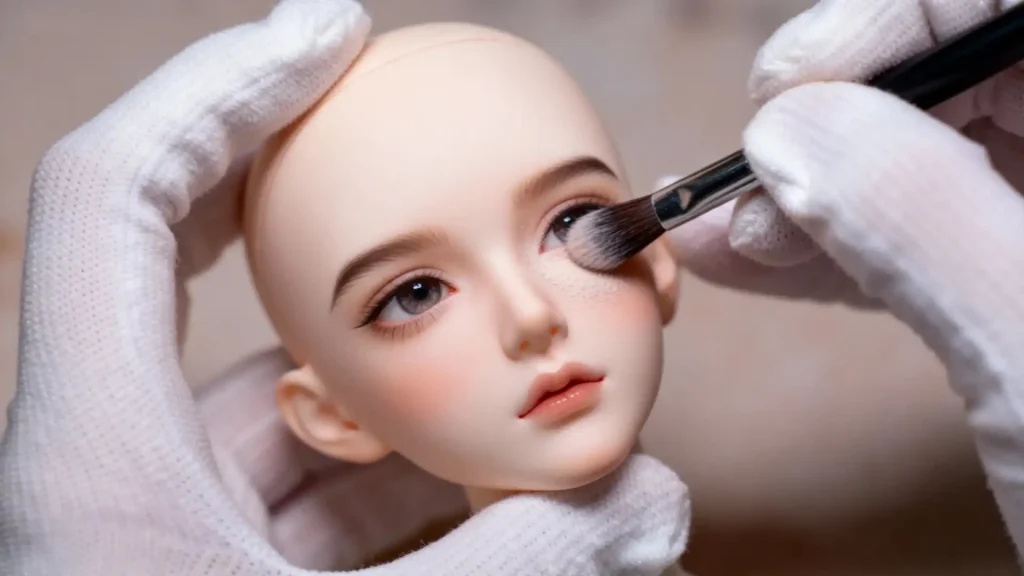 Gloved hands gently dusting a BJD doll's face with a soft brush.