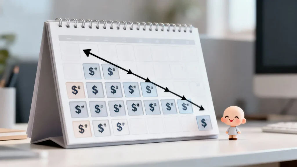A calendar with decreasing payment amounts, visualizing a BJD layaway plan