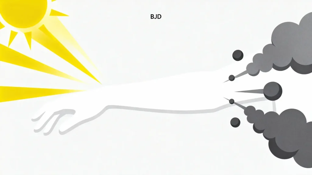 Diagram showing how UV rays and pollutants cause BJD resin to yellow.