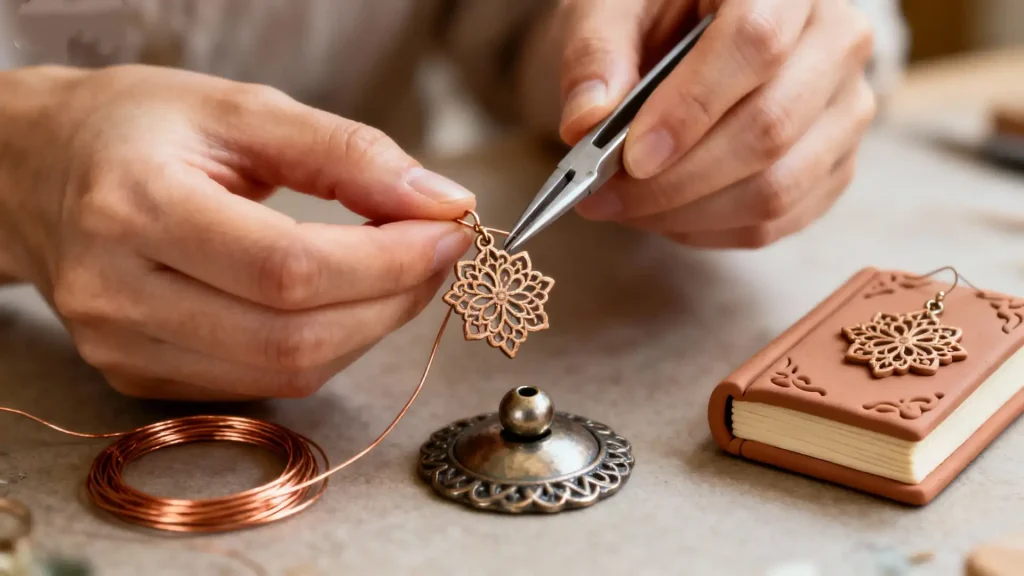 Close-up of hands making a miniature Victorian lamp for a BJD doll