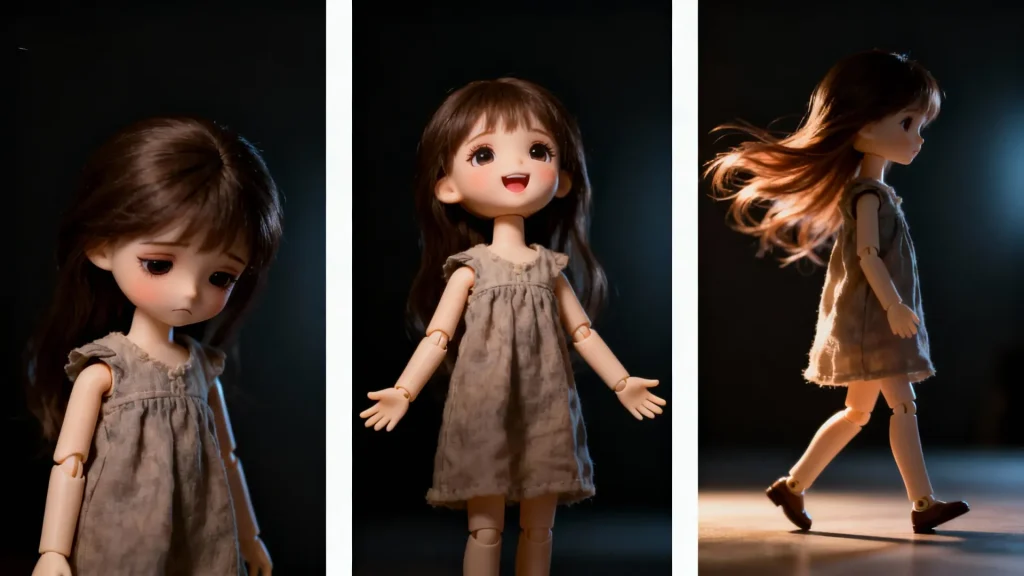 Three BJD poses showing sadness, joy, and dynamic action.
