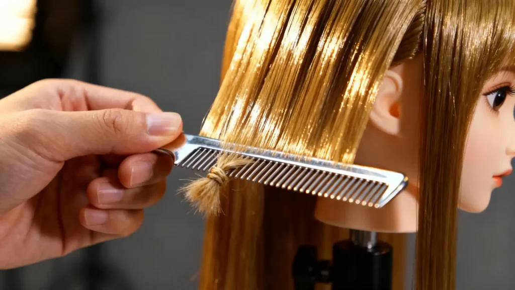 Close-up of hand combing a BJD wig from tips to roots