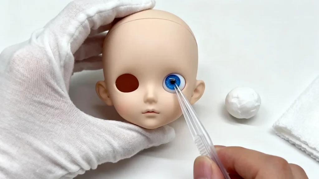 Close-up of using tweezers to install a BJD eye safely