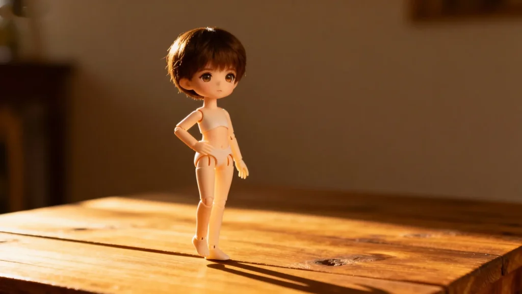 A BJD doll standing confidently and independently on a table