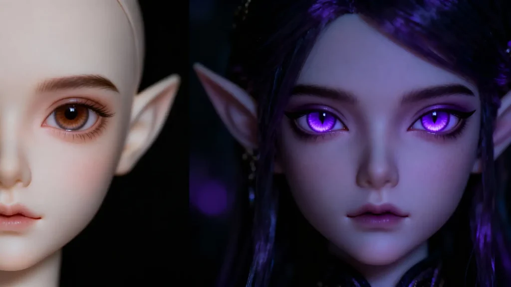Alt Text: Contrast between realistic and fantasy BJD eye styles
