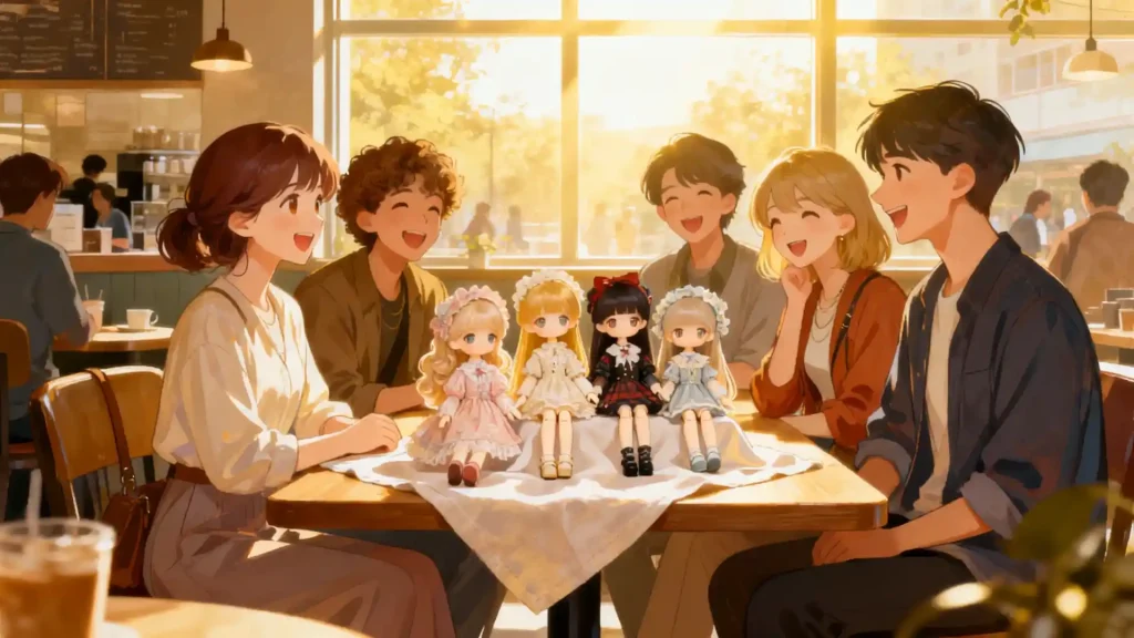 A diverse group of BJD collectors meeting safely in a cafe