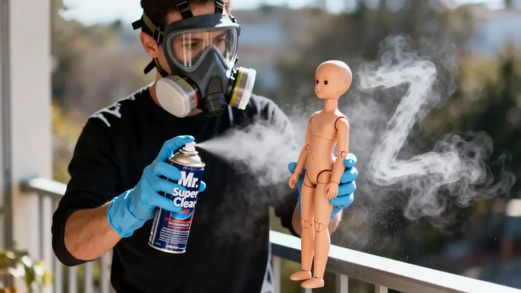 Artist spraying BJD sealant with a respirator