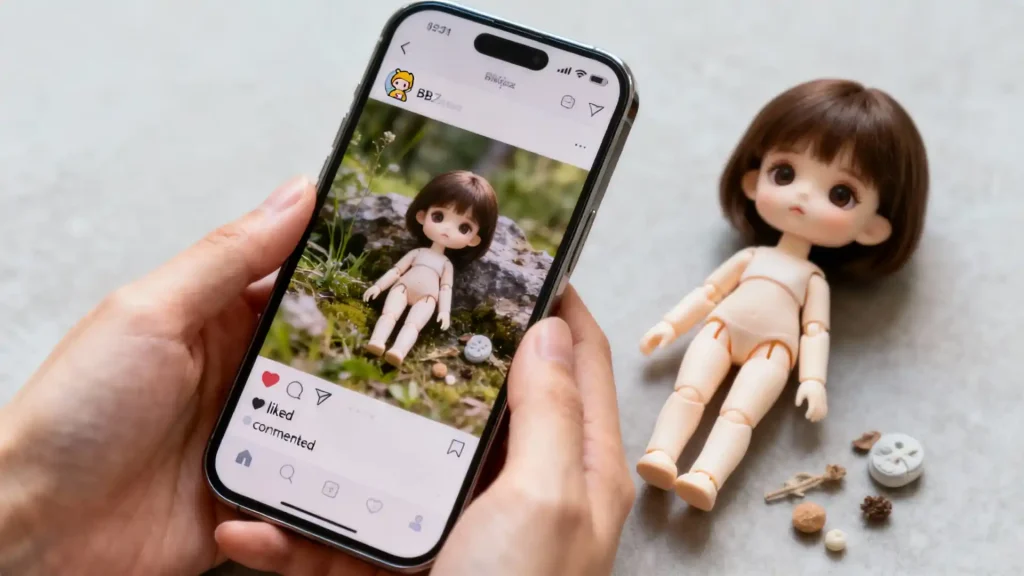 Sharing a BJD photo on a phone, inspiring community engagement