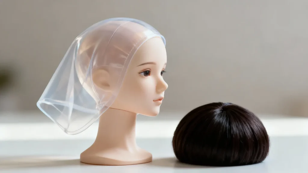 Transparent silicone wig cap on BJD head stand next to a wig