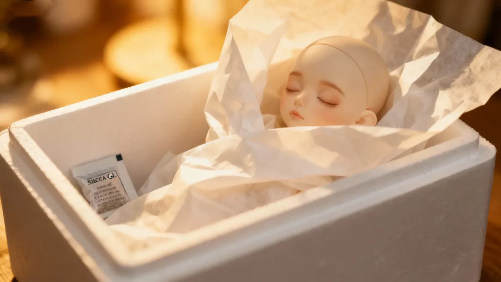 BJD doll being wrapped in acid-free paper and stored in a protective box
