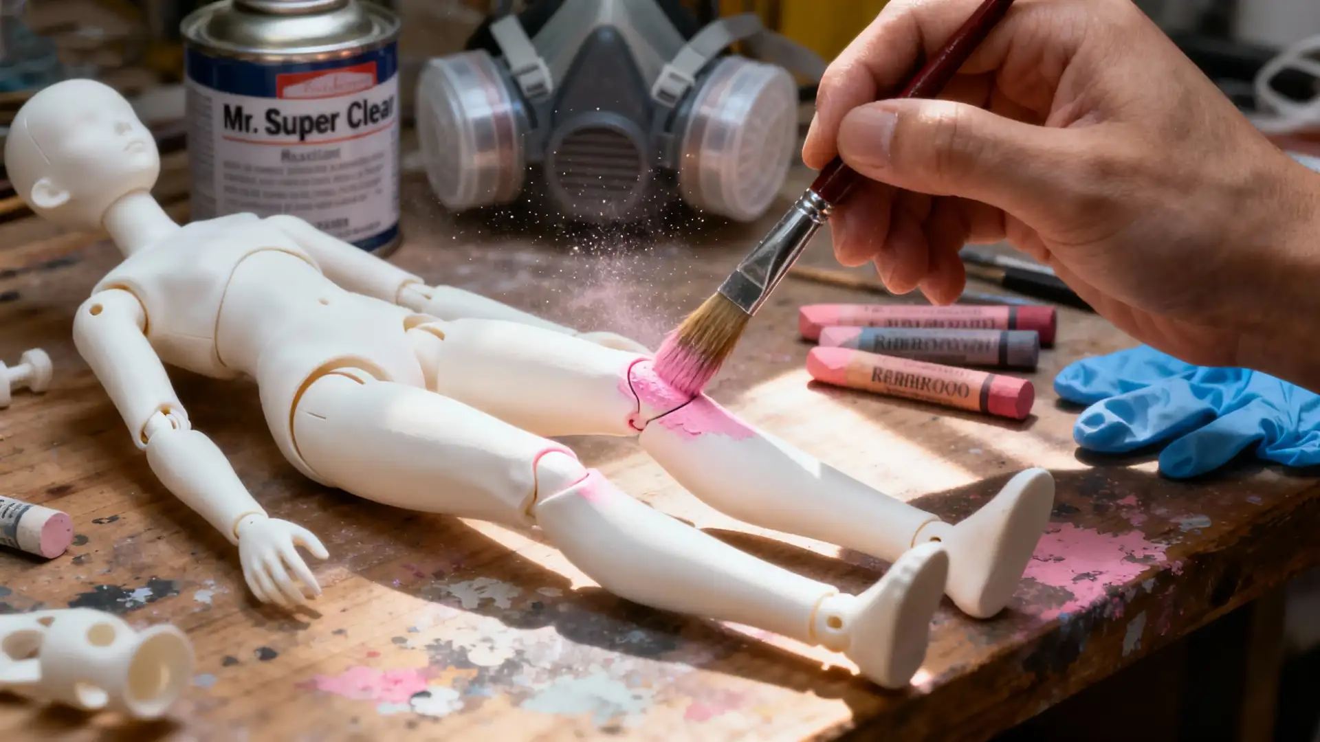 An artist hand applying blush to a BJD doll's knee