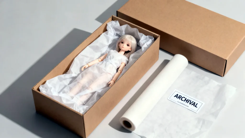 BJD doll wrapped in acid-free tissue inside an archival storage box for long-term preservation