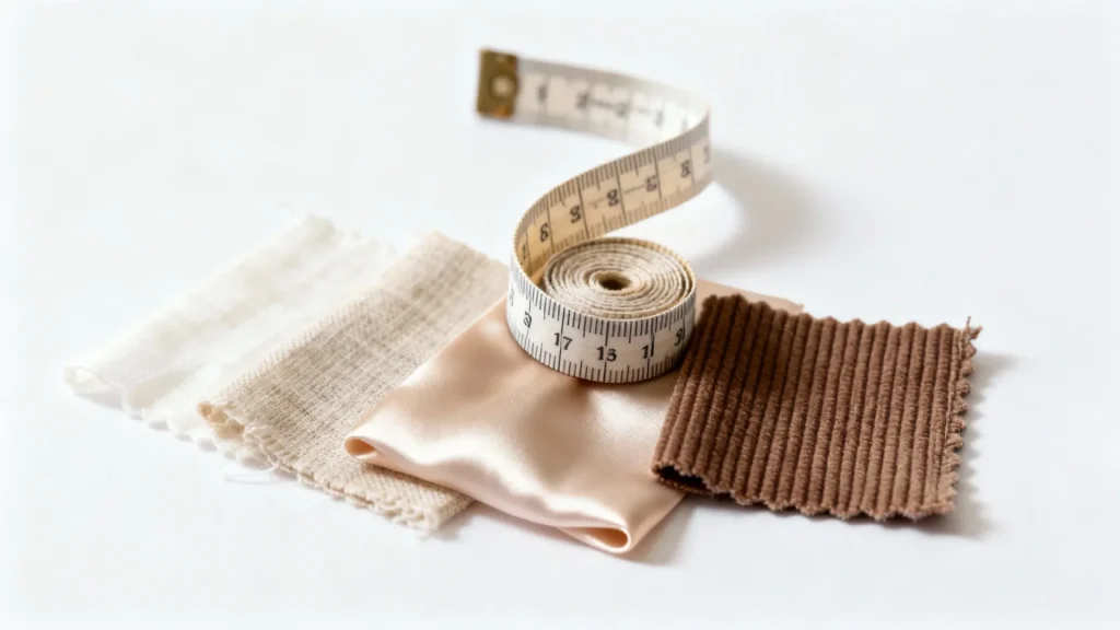 Assortment of recommended fabrics for BJD doll clothes with a tape measure
