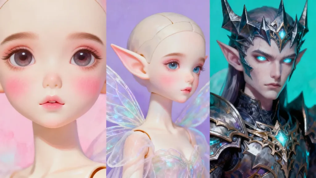 A artistic collage showcasing the different styles of Volks, Fairyland, and Soom BJD dolls
