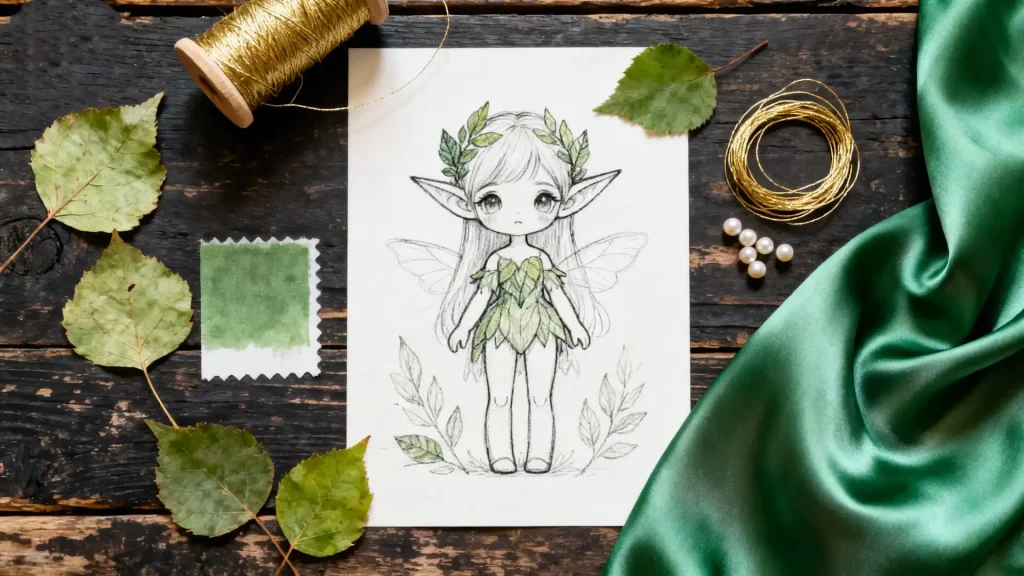 A mood board for creating a fantasy forest spirit BJD doll character