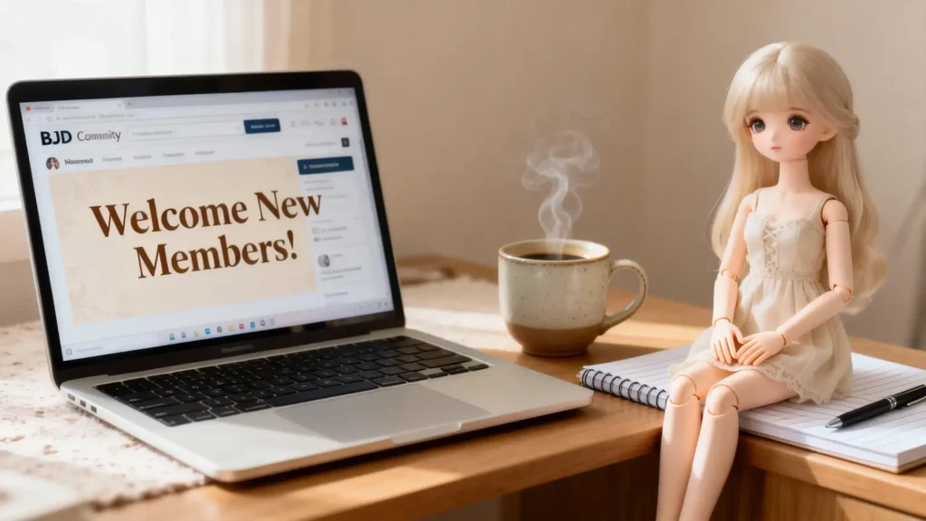 Laptop showing a BJD community forum with a doll on the desk