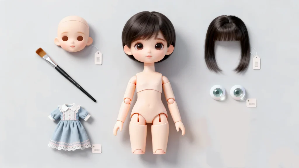 Infographic style: A BJD doll surrounded by its accessories with price tags