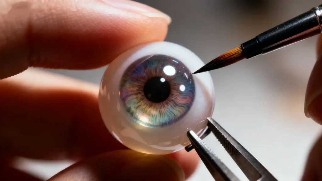 Close-up of hand-painting a custom BJD eye chip