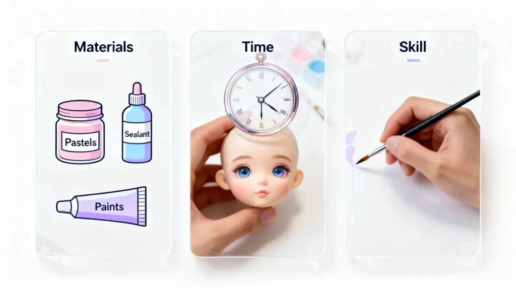 Infographic of BJD faceup cost breakdown: materials, time, skill