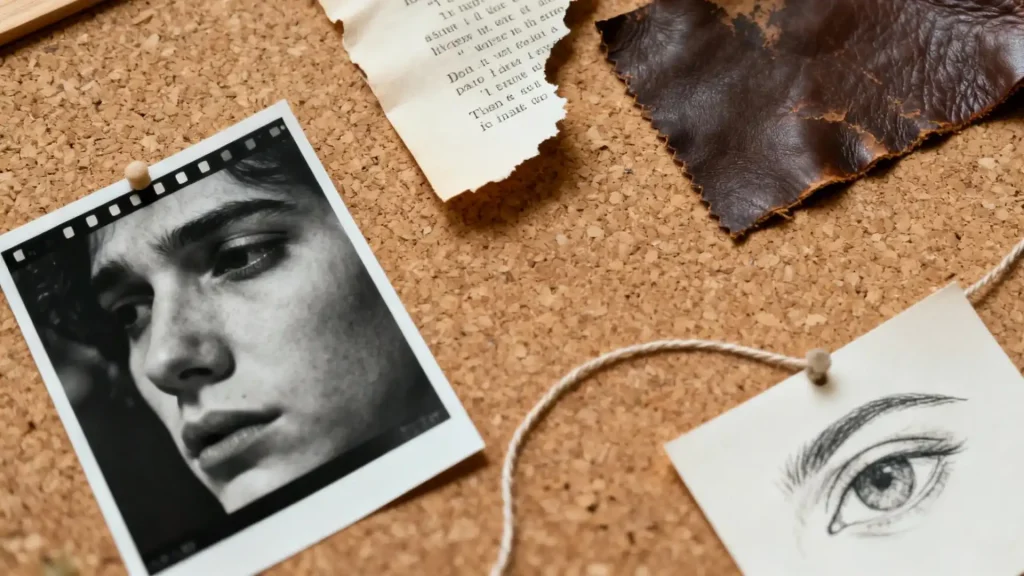 An artistic mood board with poetry and images for BJD character inspiration