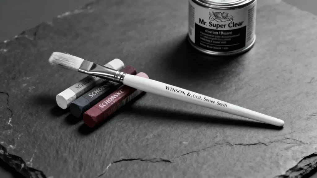 Essential tools for BJD customization: artist pastels, a fine brush, and sealant