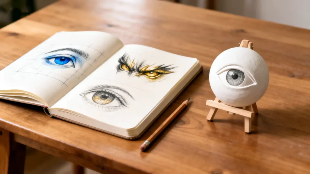 An eye design sketch next to a blank BJD eye waiting to be painted
