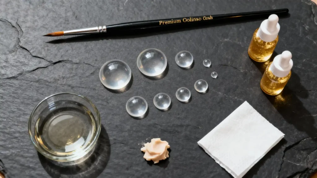 A collection of tools for making BJD doll eyes, including blanks, brushes, and paint
