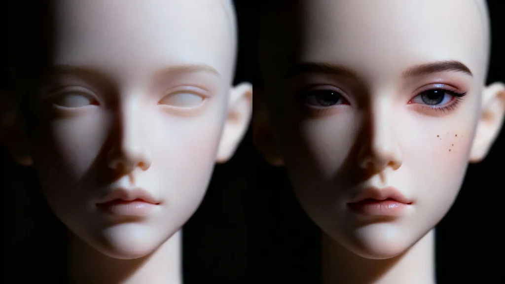 Side-by-side comparison of a generic BJD face versus one with unique, soulful character