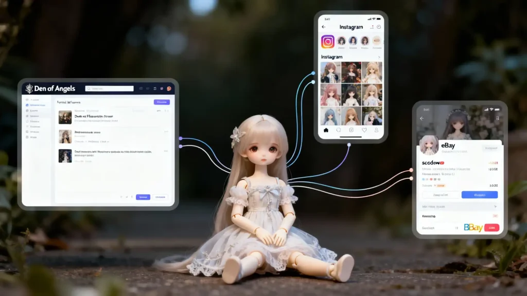 Conceptual map comparing different BJD marketplaces like Den of Angels and Instagram