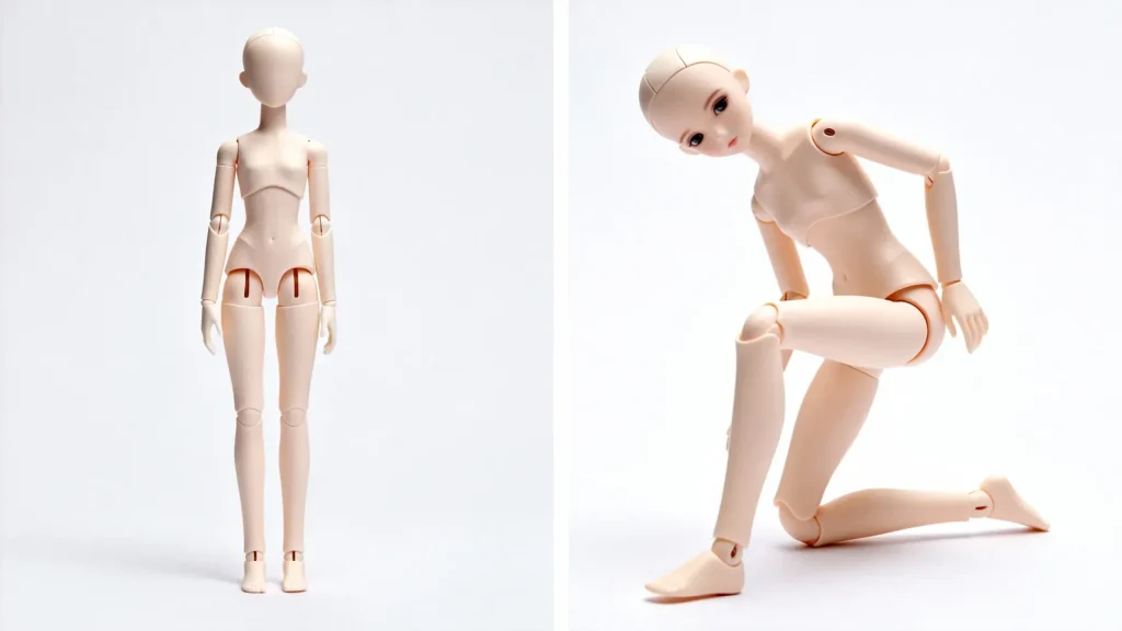 Good vs bad BJD posing example, showing S-curve technique