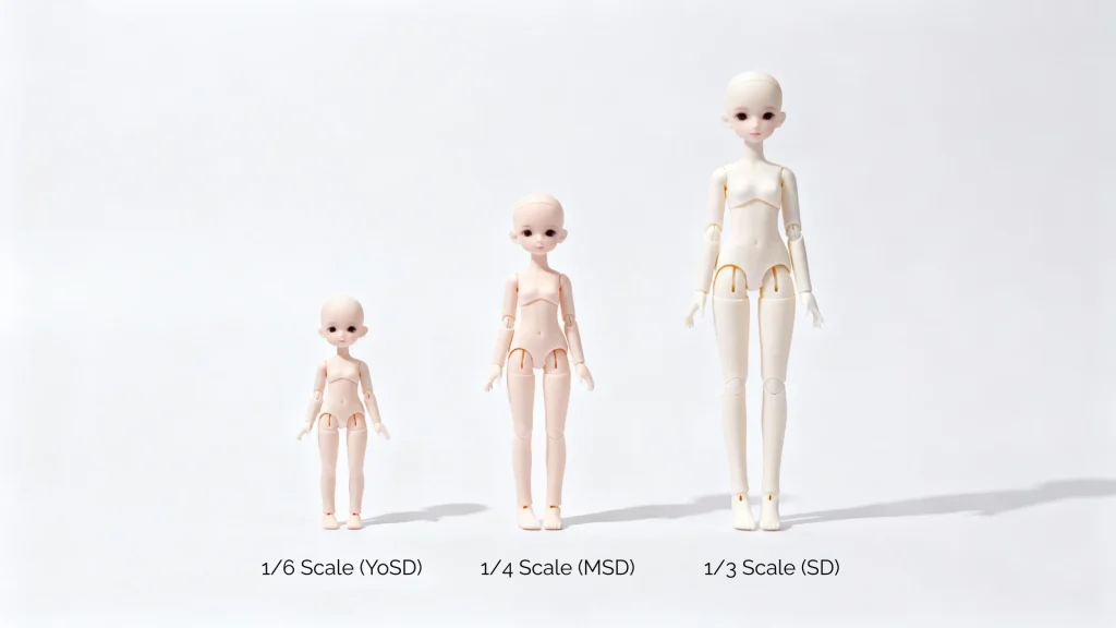 A visual comparison of the three main BJD sizes: YoSD, MSD, and SD