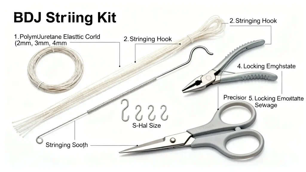 Diagram of BJD stringing kit parts: elastic, hook, S-hooks, hemostats