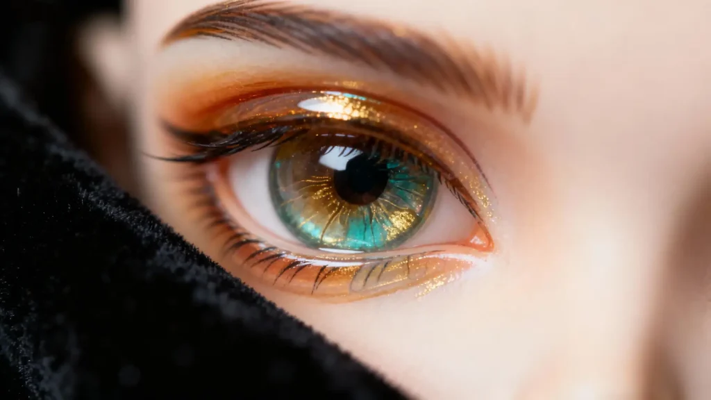 Close-up of a BJD glass eye with a thoughtful, convergent gaze