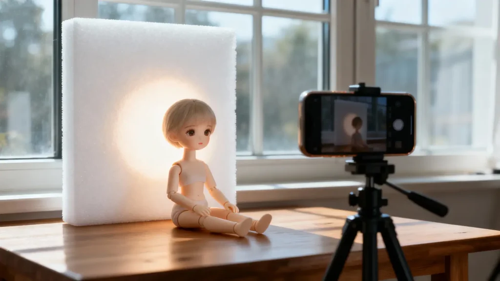 DIY BJD photography lighting with window and foam board reflector