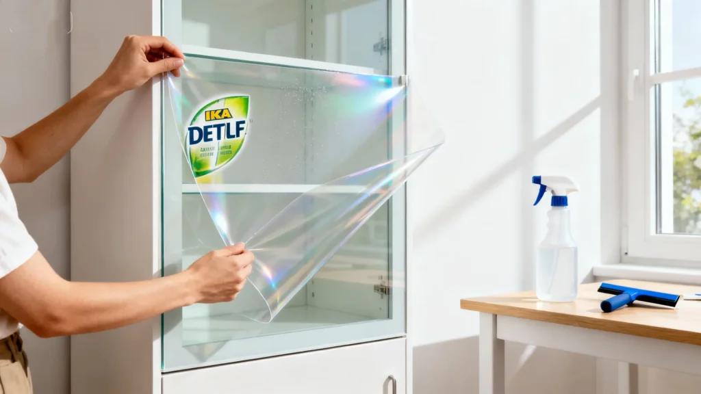 Installing UV protection film on an IKEA glass cabinet for BJD doll display
