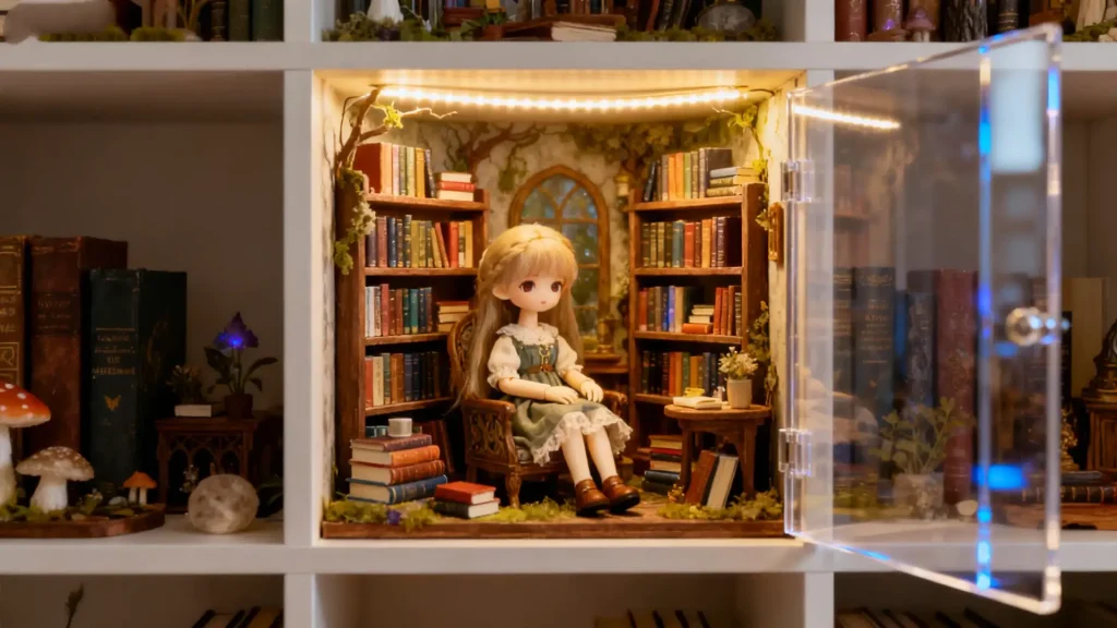 Creative BJD doll display inside a custom IKEA KALLAX shelf with a library diorama